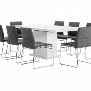 Kulmbach Pöytä 160 Valkoinen + 8 Viskan Tuolia Harmaa